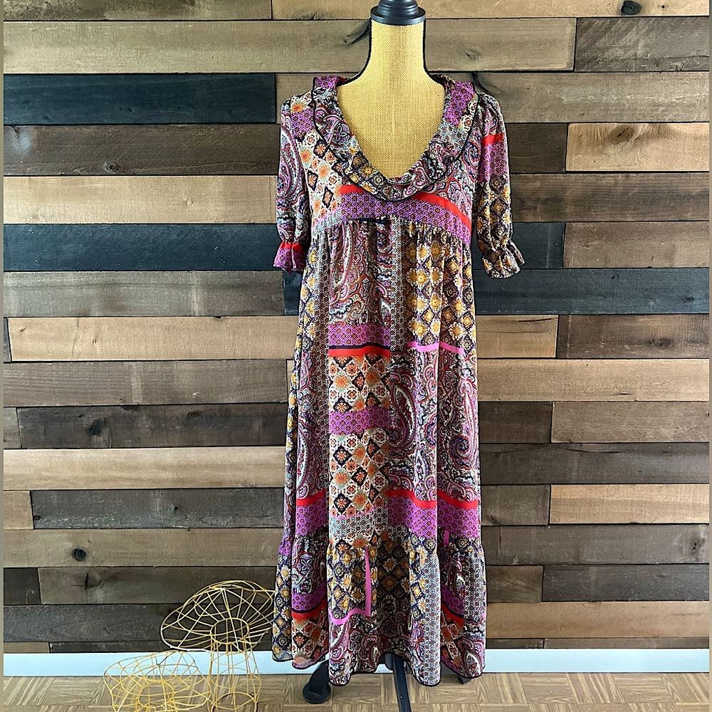Bohemian Paisley Maxi Dress in Pink and Brown